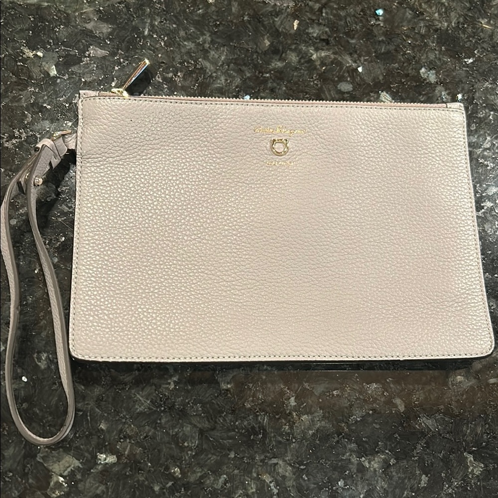 Salvatore Ferragamo Light Beige Clutch with Textured Fabric and Wristlet Strap